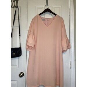 XL Belongsci Pink Ruffle Sleeve Shift Dress V-Neck Lined 3/4 Belle Sleeve